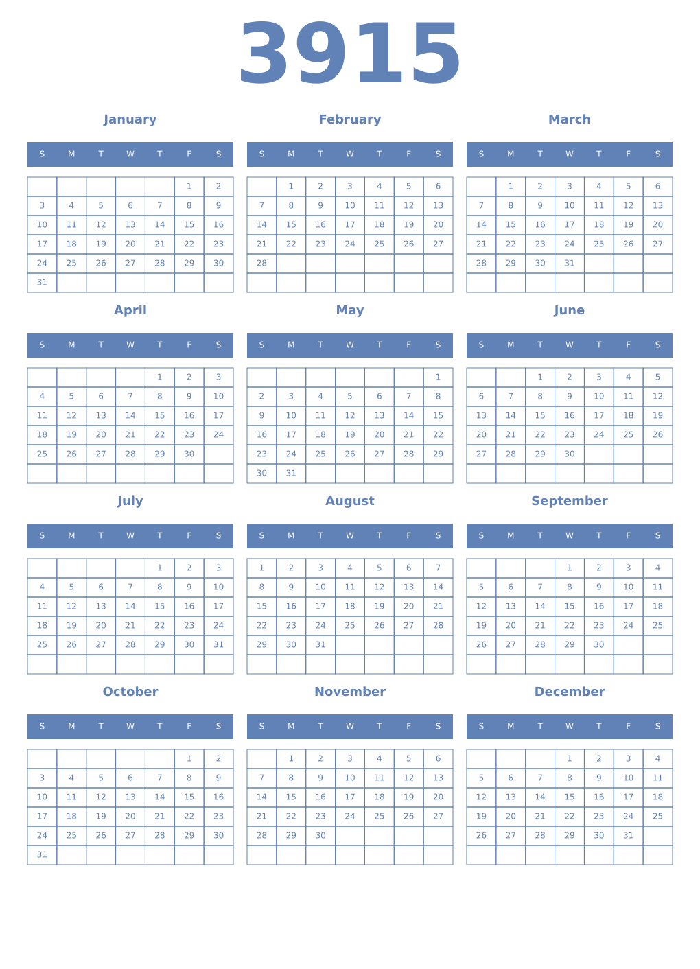 Printable 3915 Year Calendars glaucous