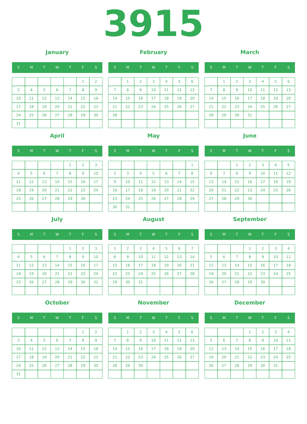 Printable 3915 Year Calendars green