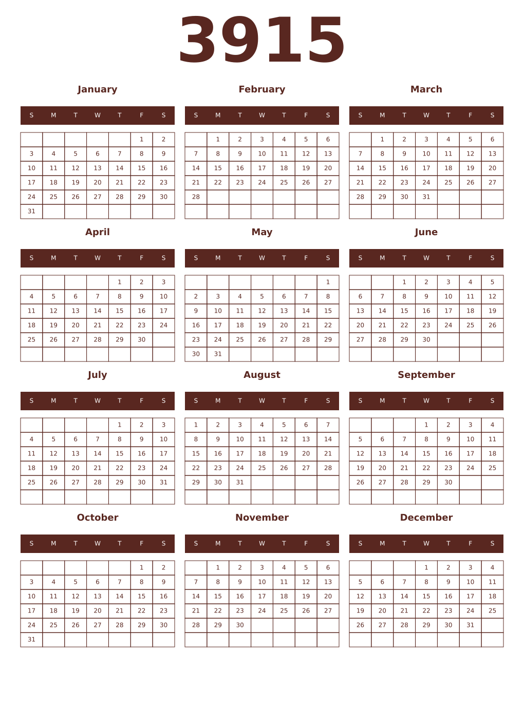 Printable 3915 Year Calendars mortuum