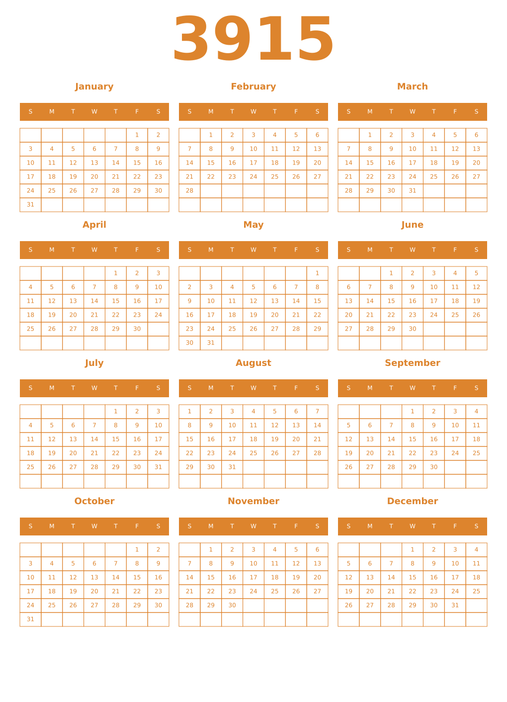 Printable 3915 Year Calendars orange