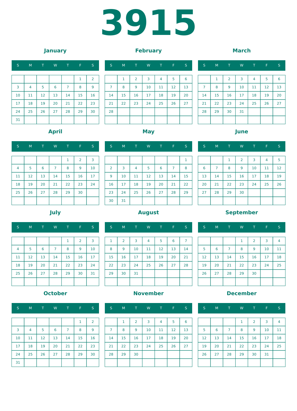 Printable 3915 Year Calendars pastel
