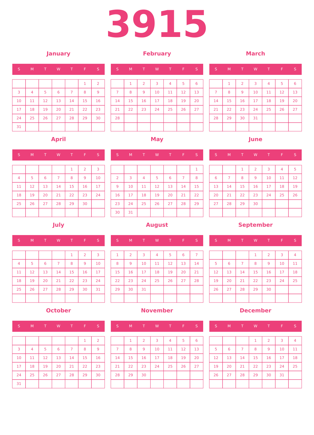 Printable 3915 Year Calendars pink