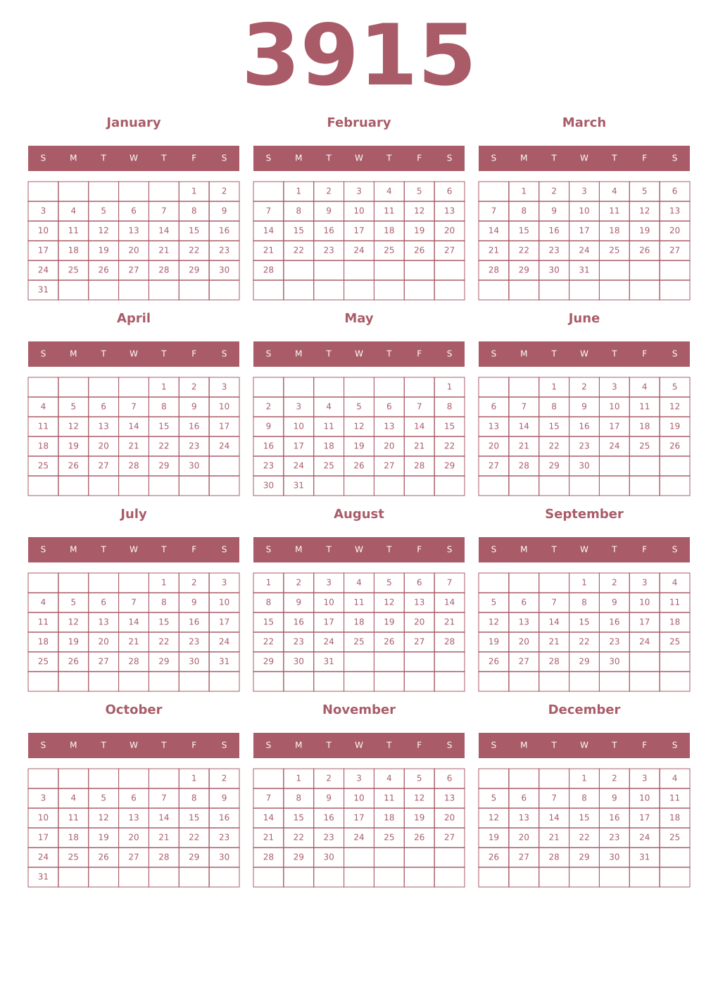 Printable 3915 Year Calendars puce