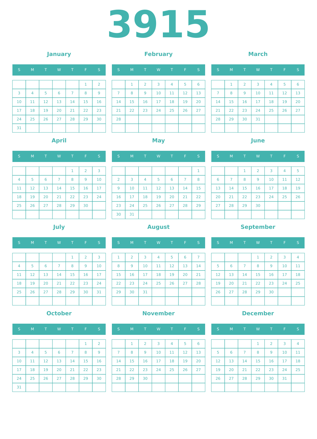 Printable 3915 Year Calendars verdigris