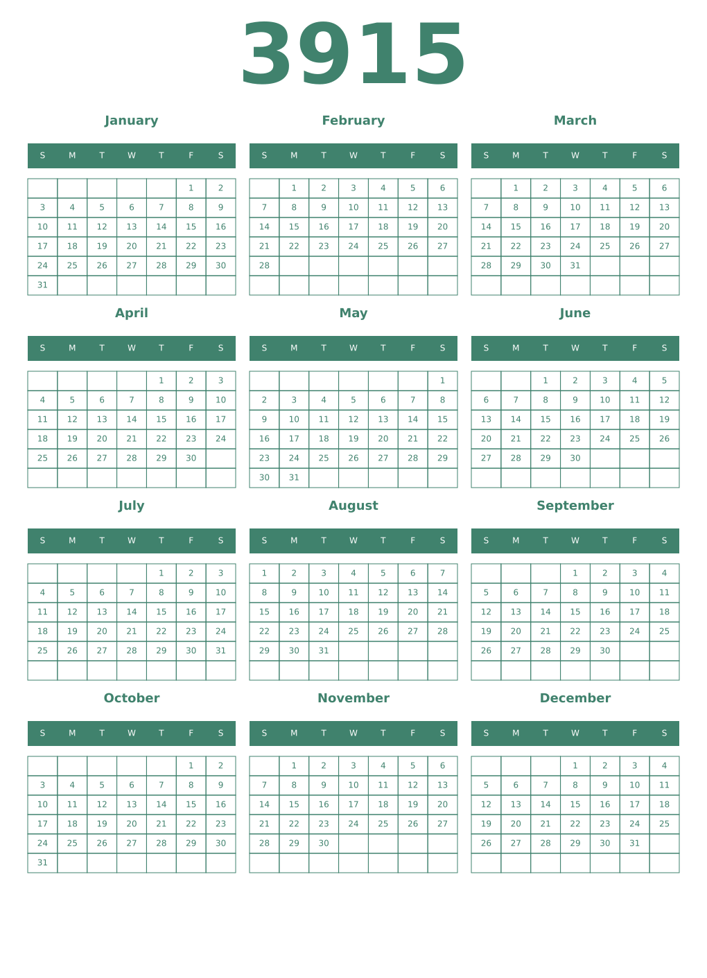 Printable 3915 Year Calendars viridian