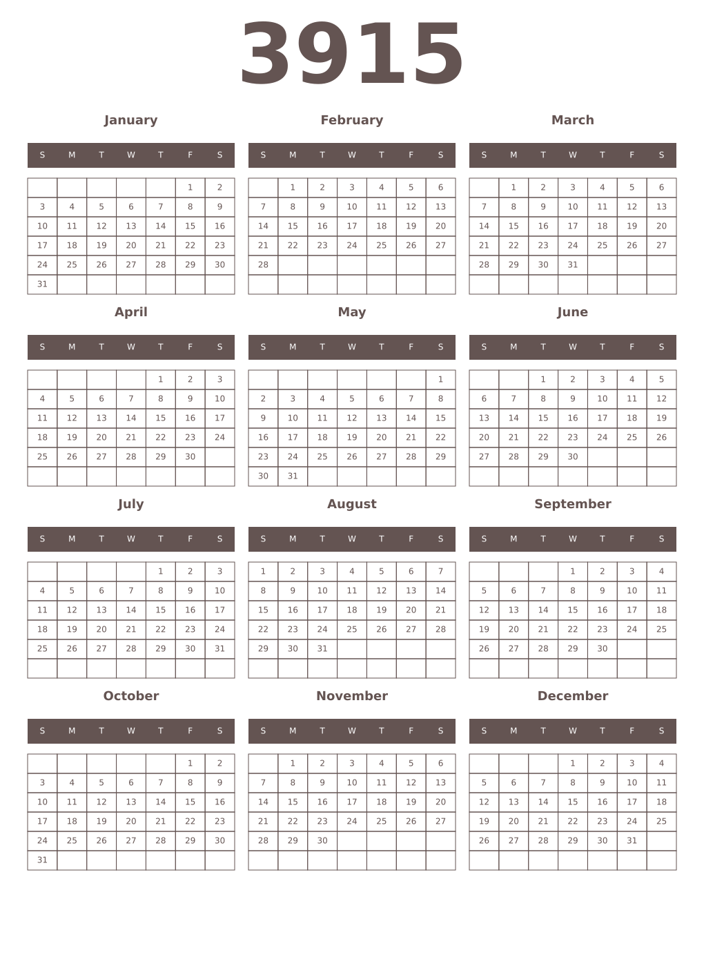 Printable 3915 Year Calendars wenge