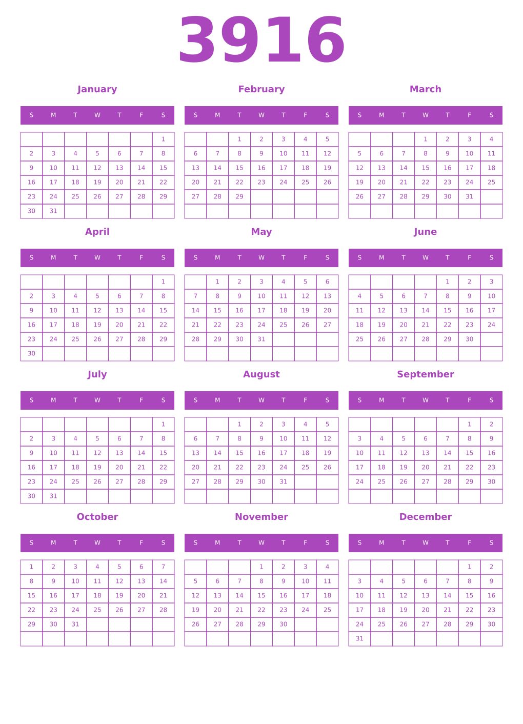 Printable 3916 Calendars