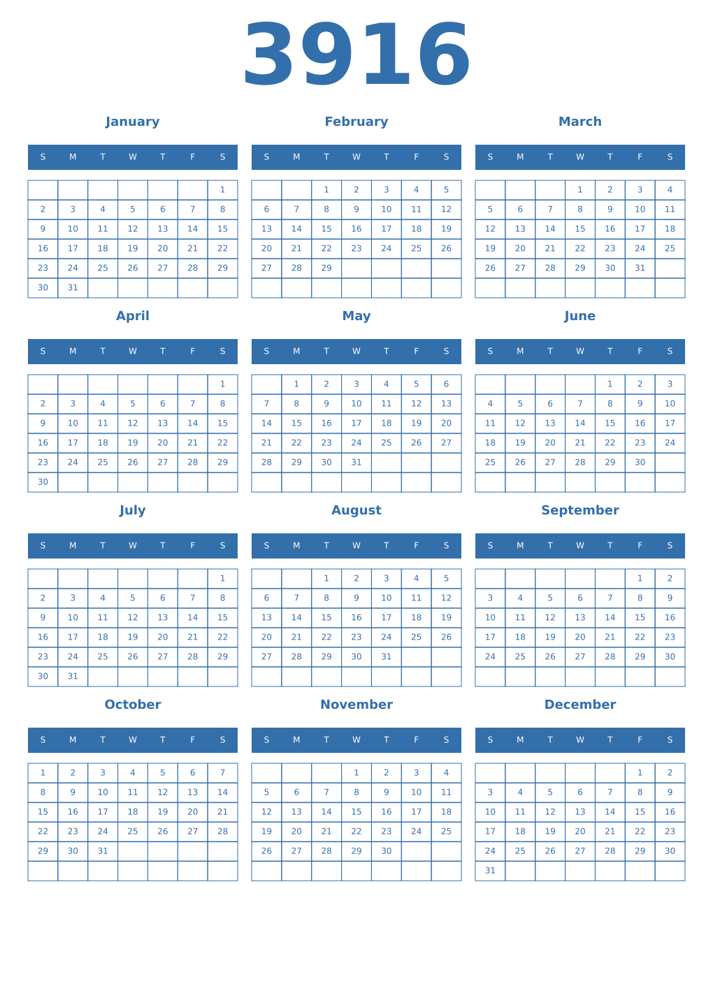 Printable 3916 Year Calendars blue