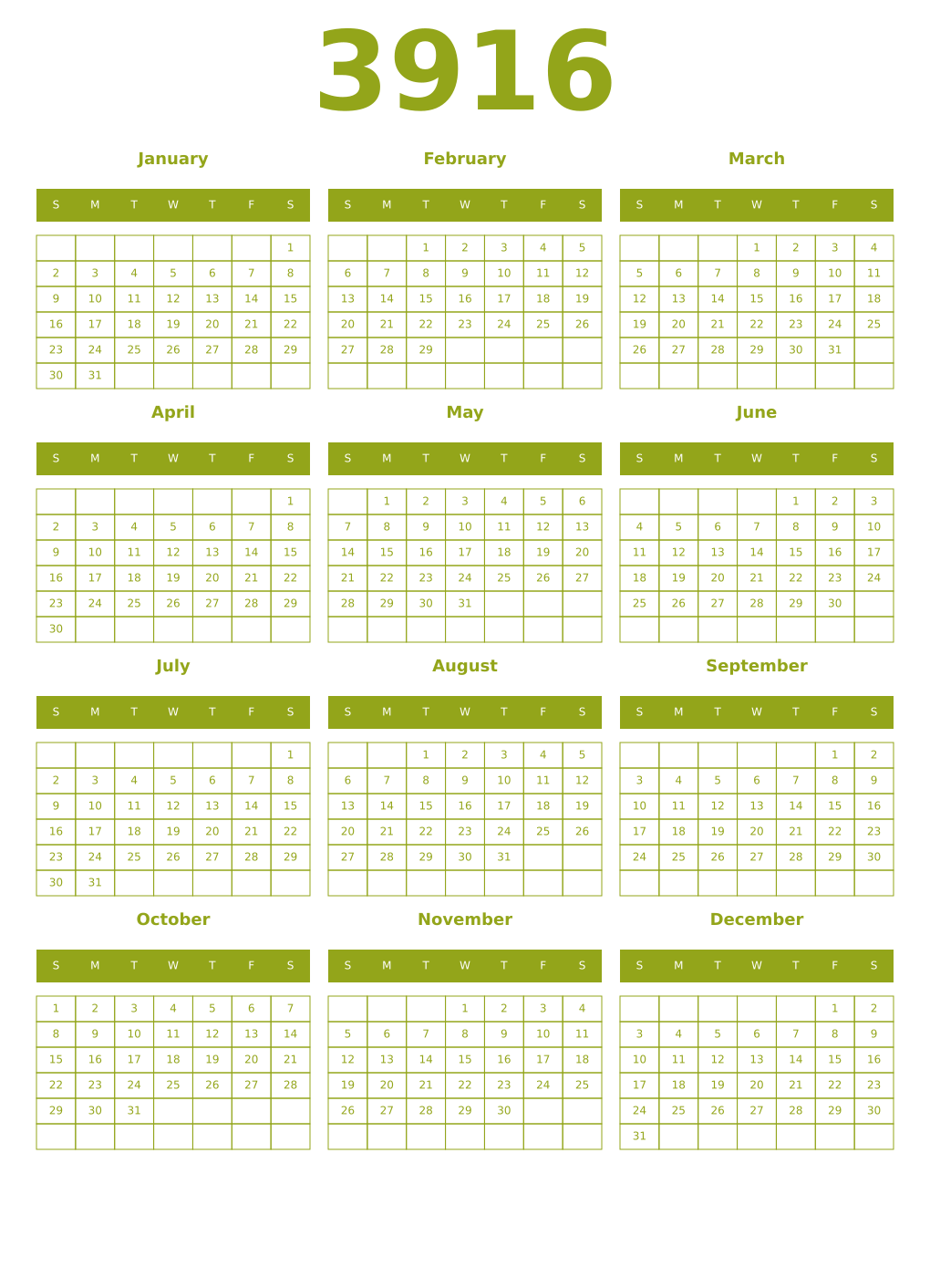 Printable 3916 Year Calendars chartreuse