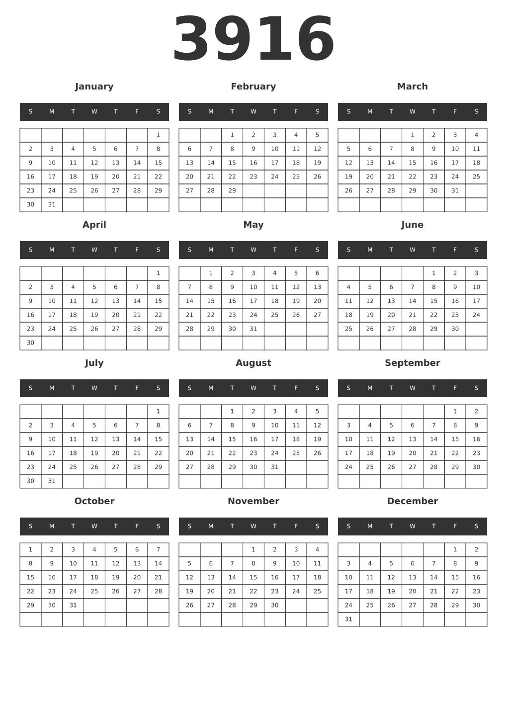 Printable 3916 Year Calendars dark