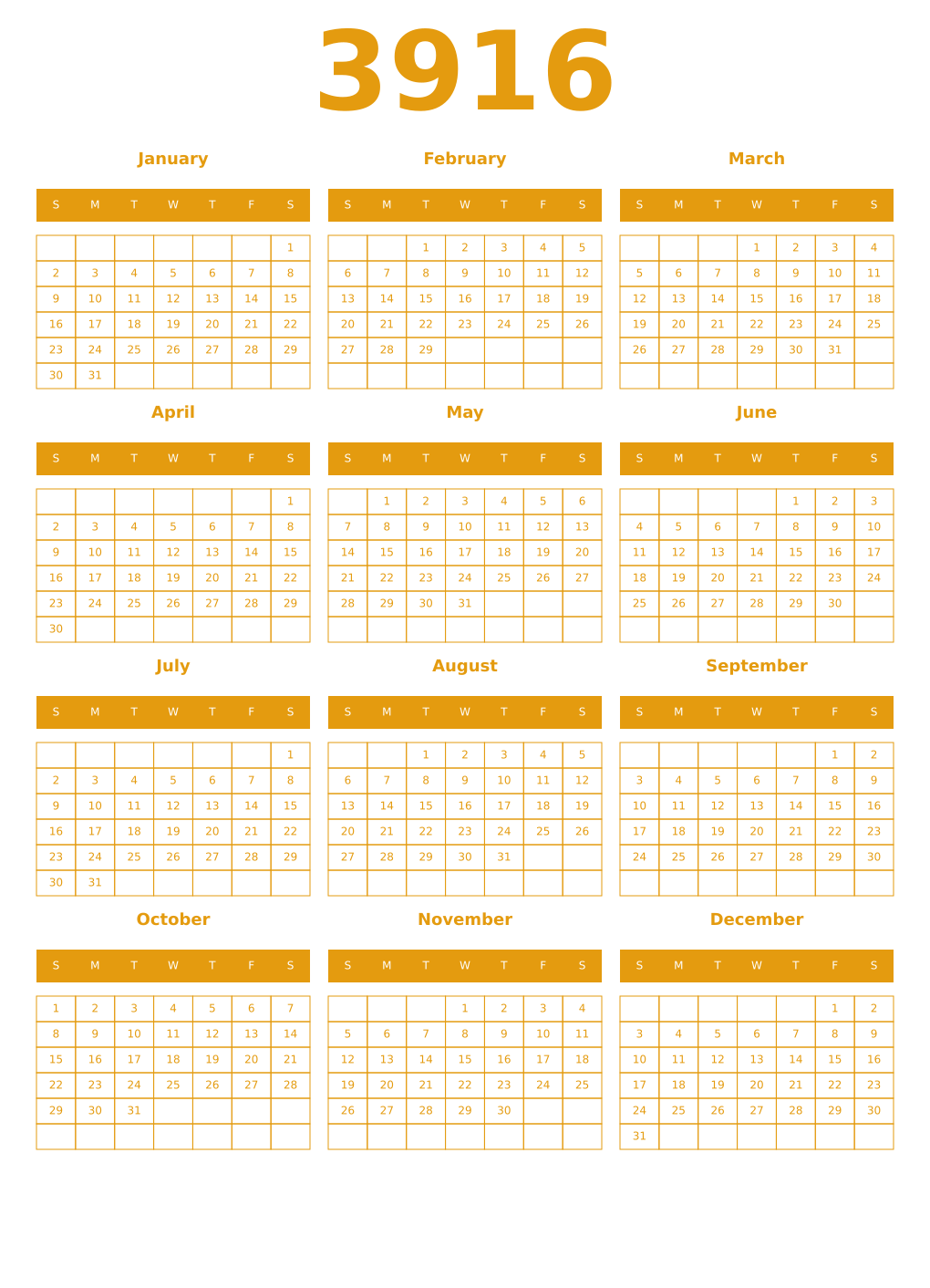 Printable 3916 Year Calendars gamboge
