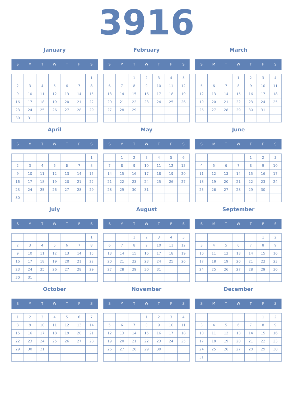 Printable 3916 Year Calendars glaucous