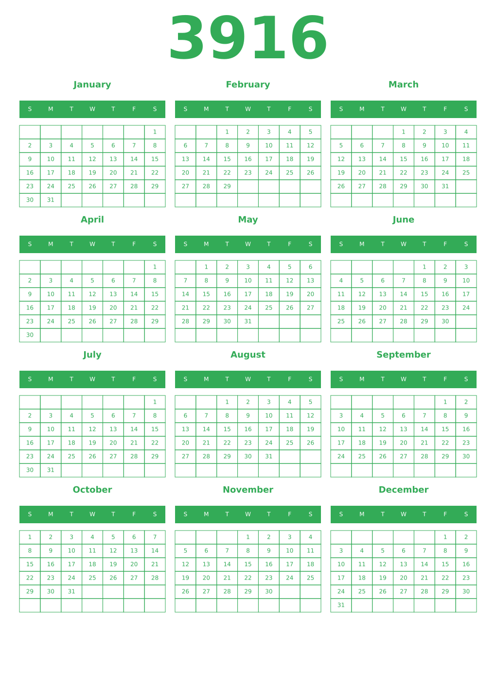 Printable 3916 Year Calendars green