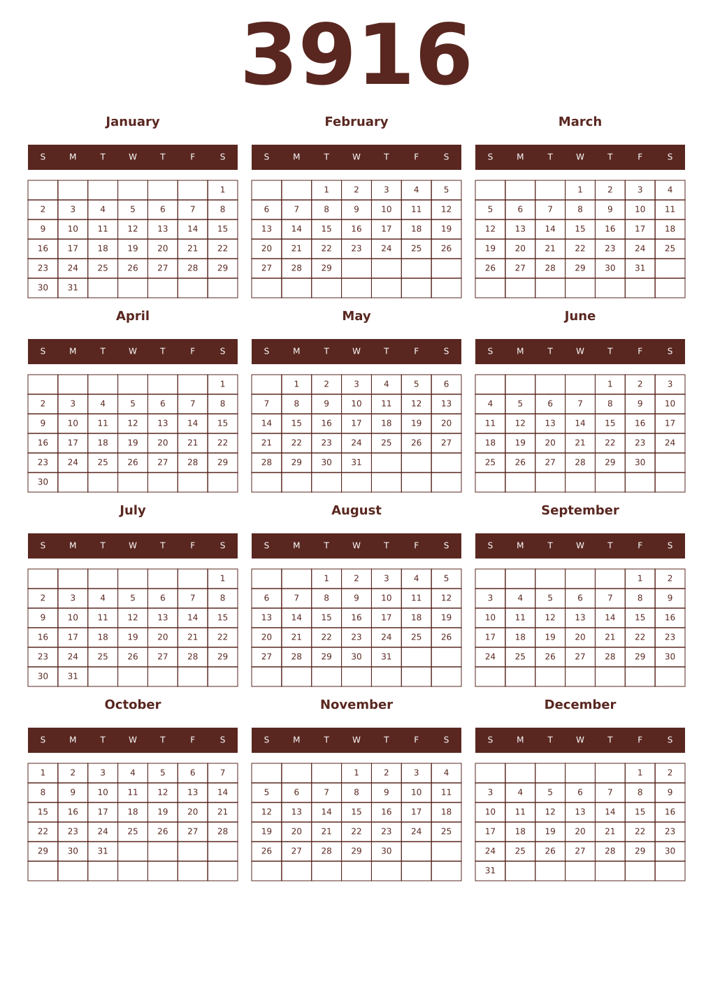 Printable 3916 Year Calendars mortuum