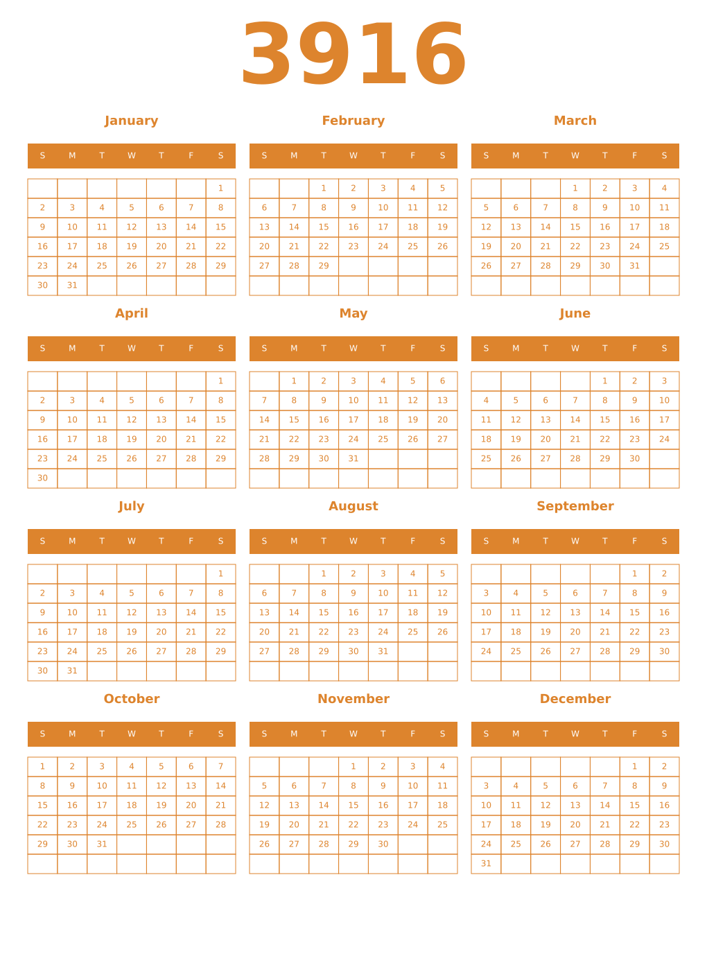 Printable 3916 Year Calendars orange