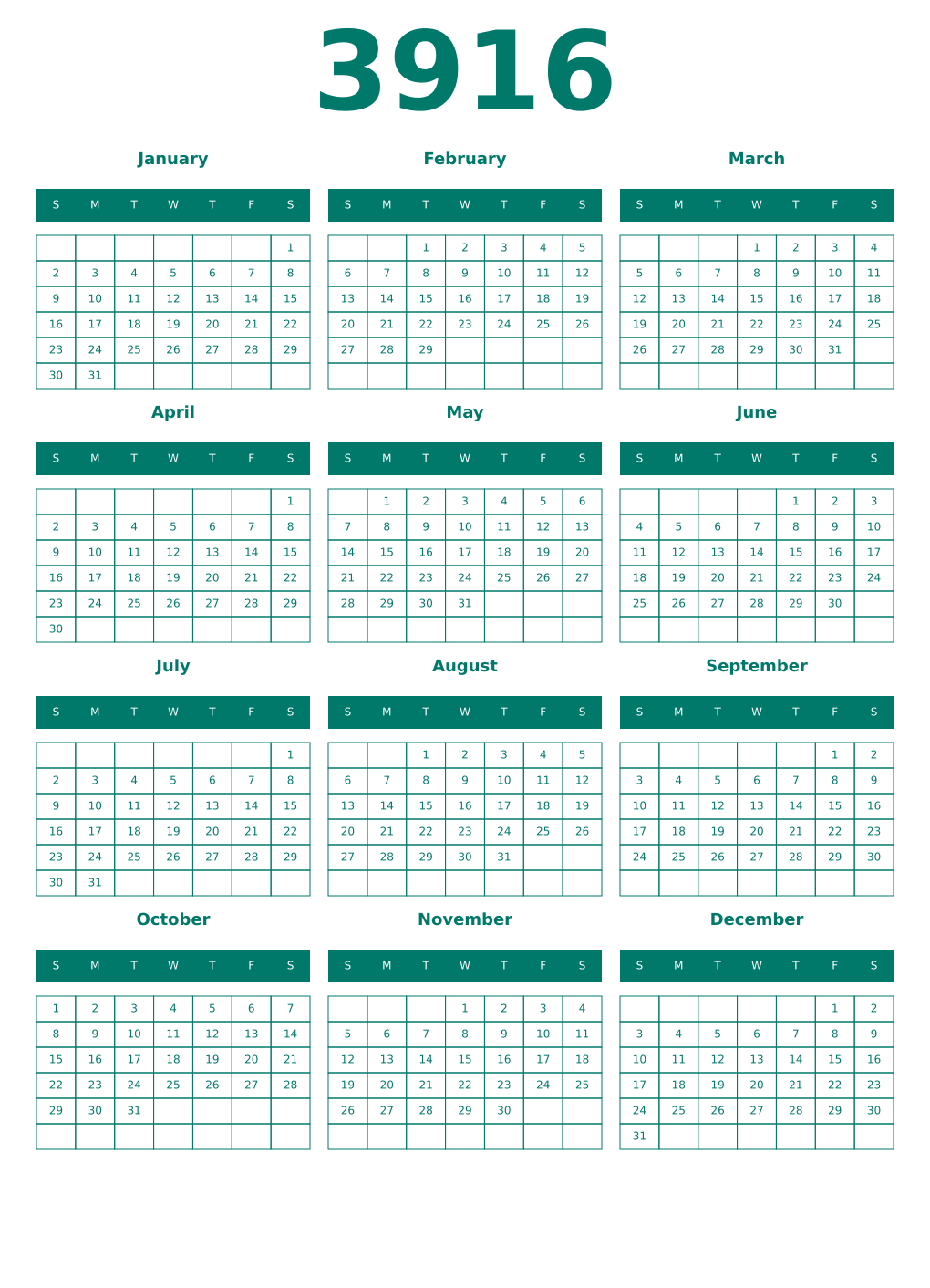 Printable 3916 Year Calendars pastel