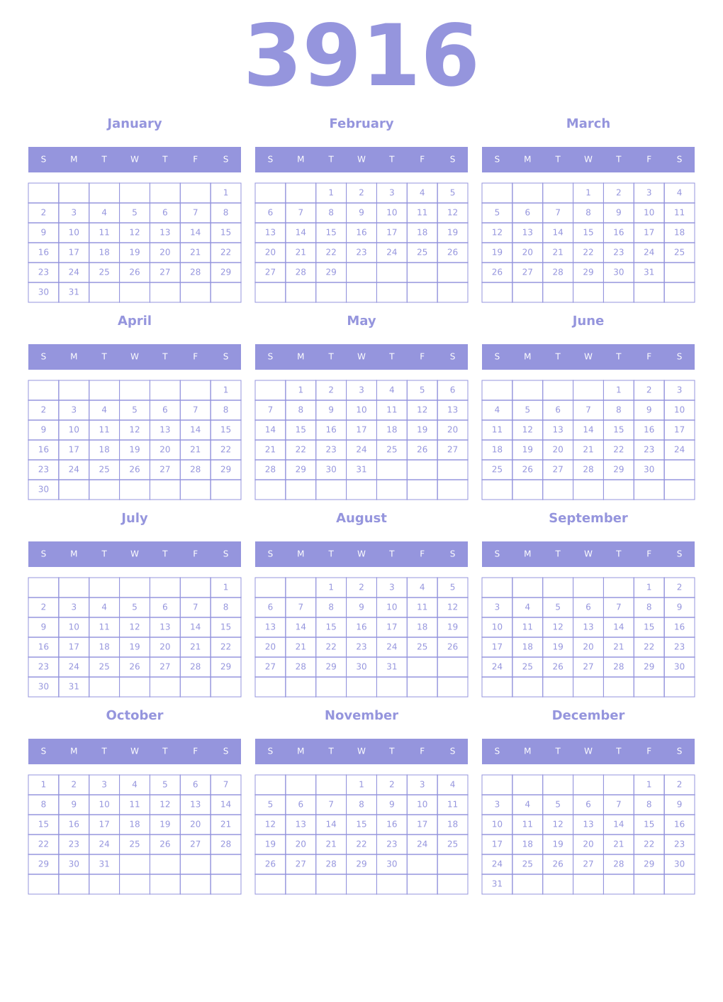 Printable 3916 Year Calendars periwinkle