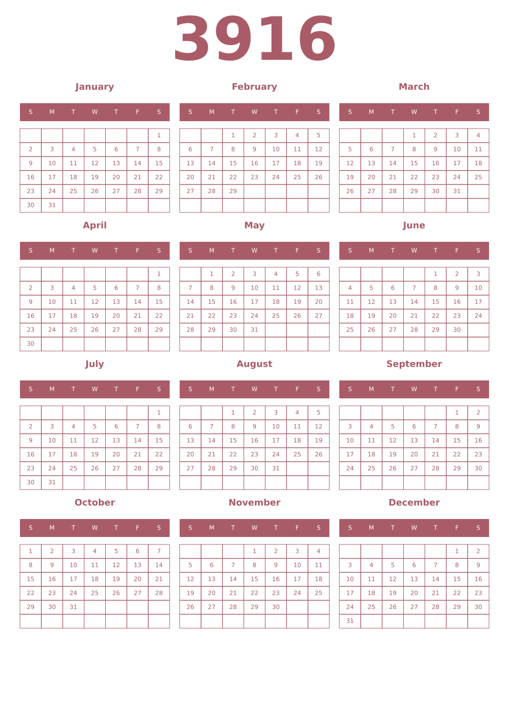 Printable 3916 Year Calendars puce