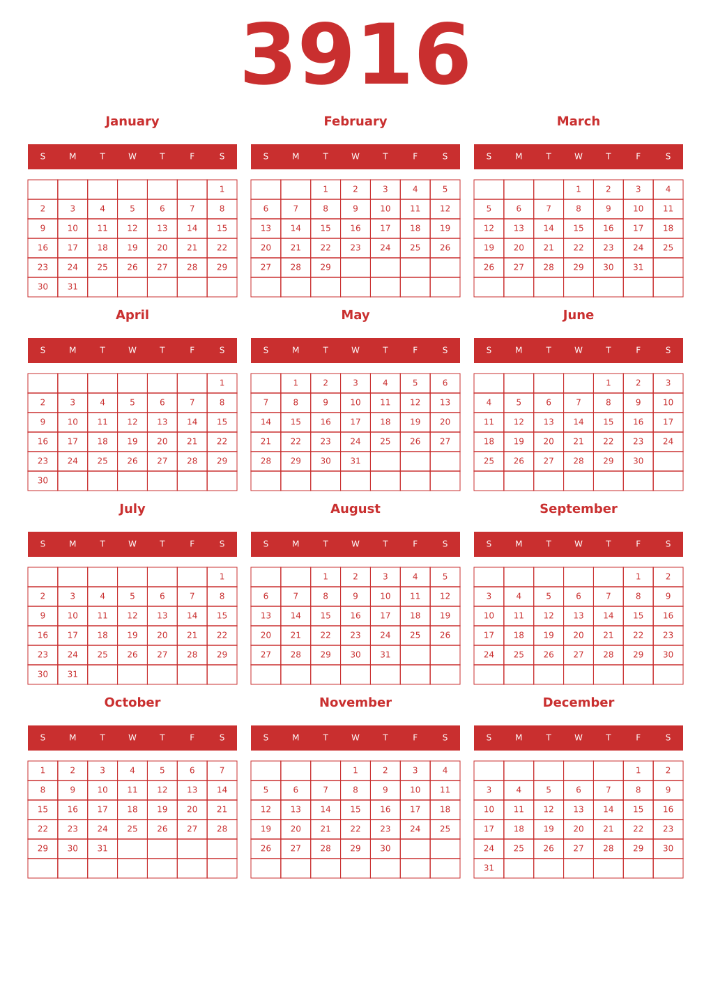 Printable 3916 Year Calendars red