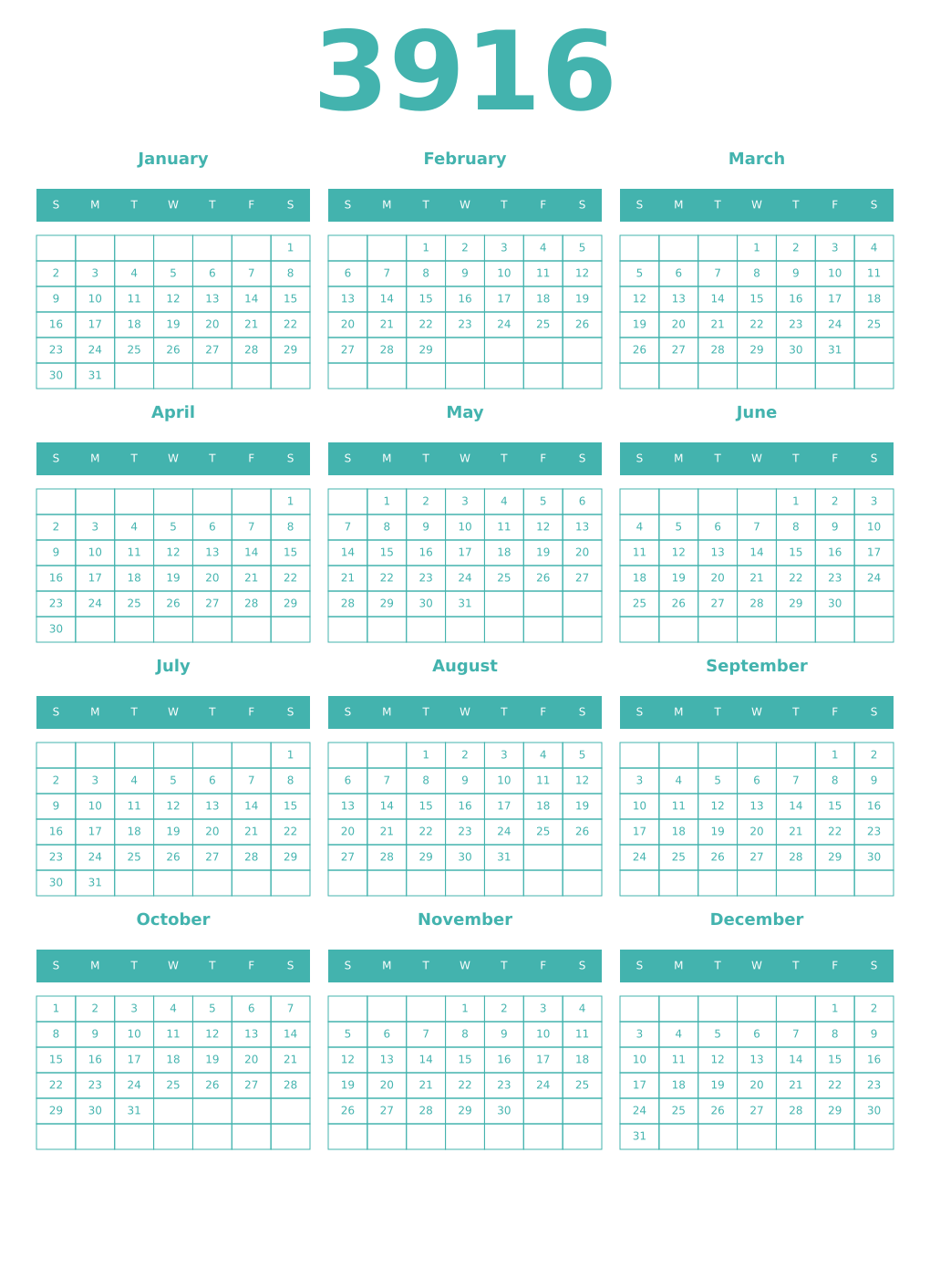 Printable 3916 Year Calendars verdigris