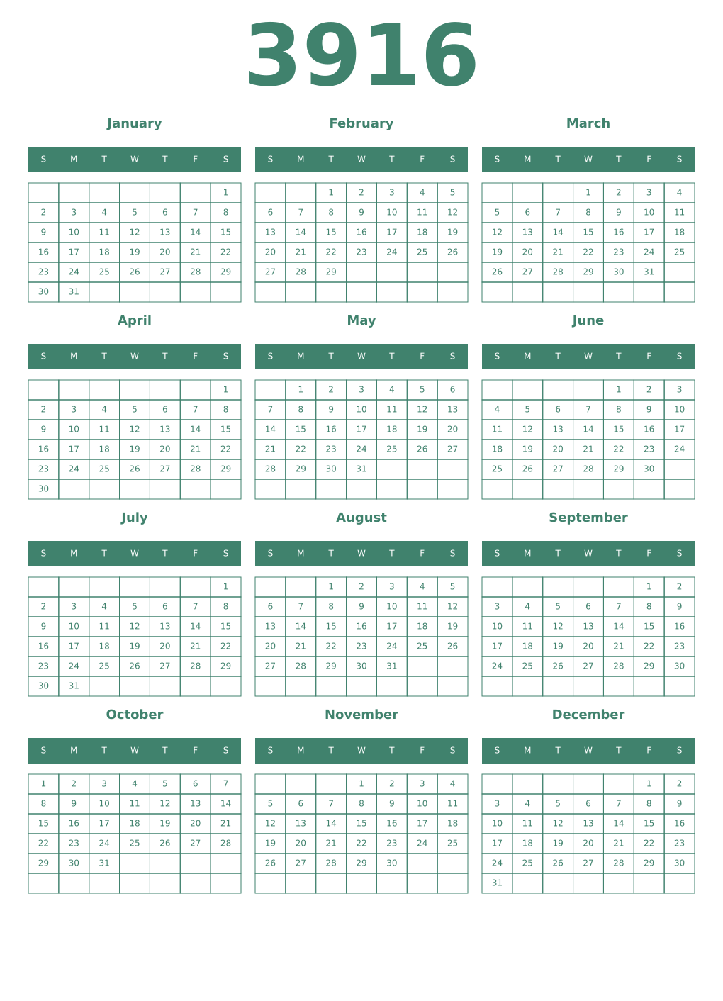 Printable 3916 Year Calendars viridian