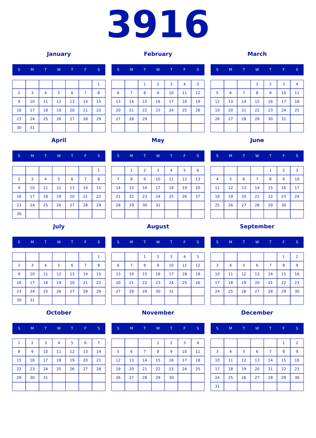 Printable 3916 Year Calendars zaffre