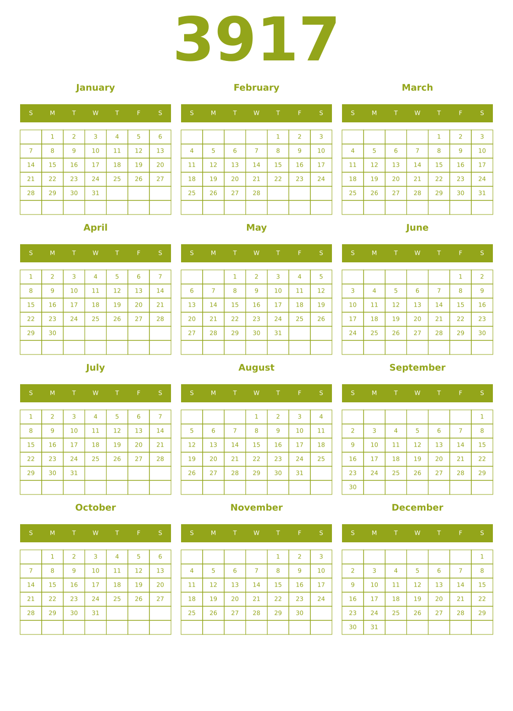 Printable 3917 Year Calendars chartreuse