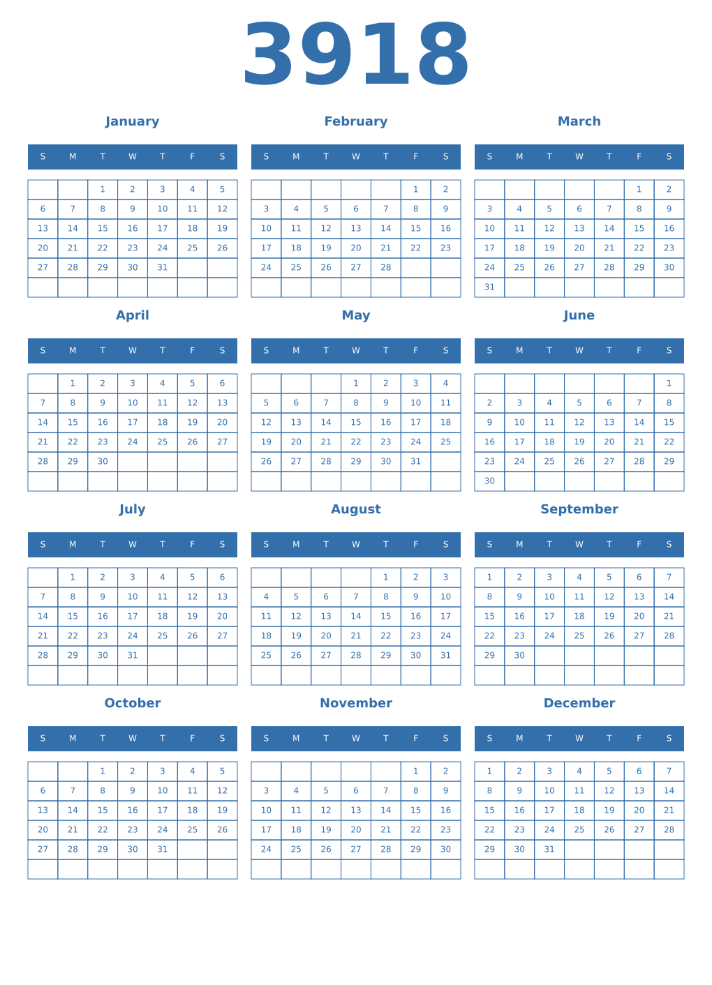 Printable 3918 Year Calendars blue