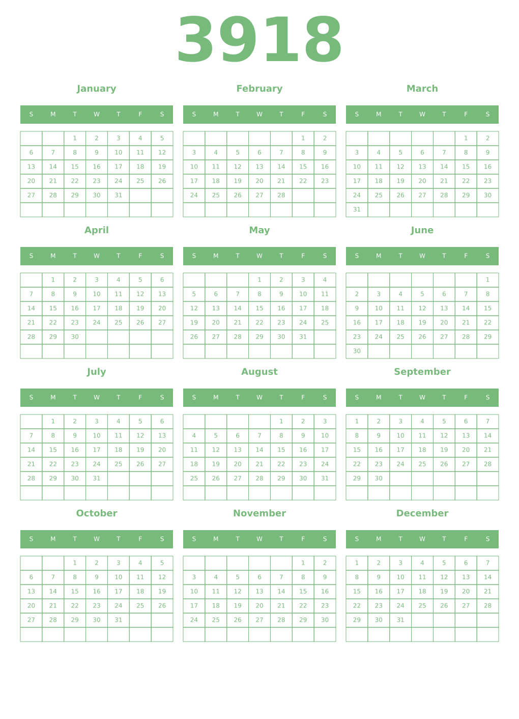 Printable 3918 Year Calendars celadon