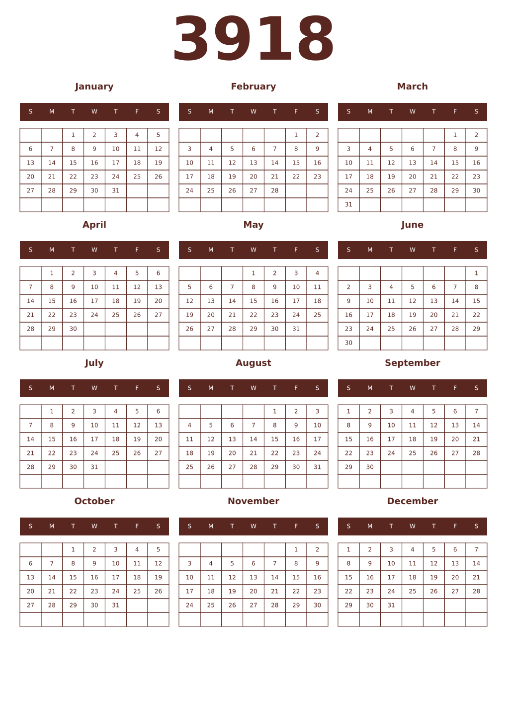 Printable 3918 Year Calendars mortuum