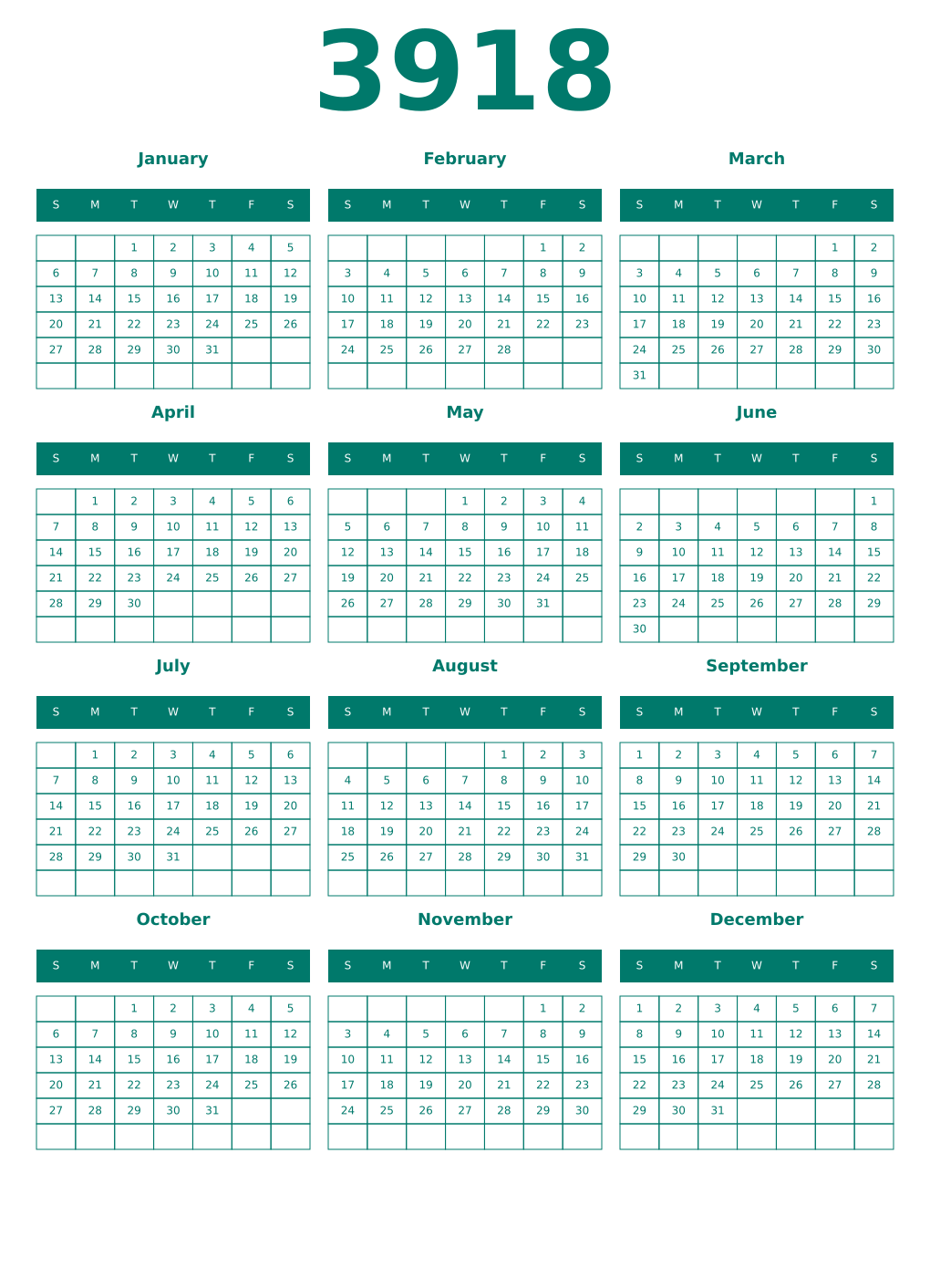 Printable 3918 Year Calendars pastel