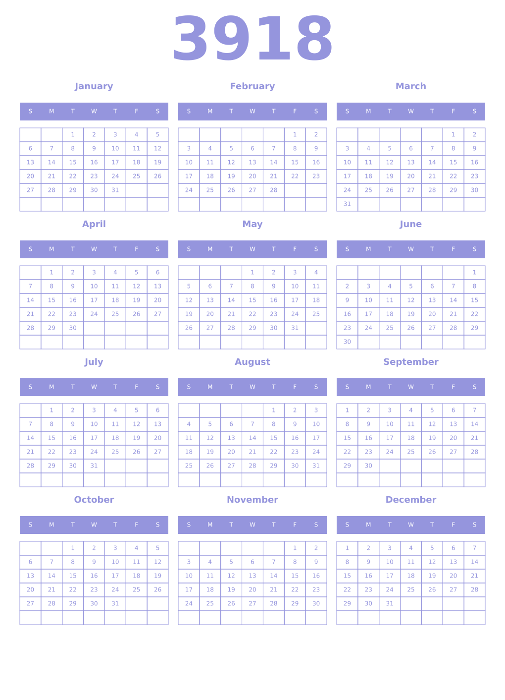Printable 3918 Year Calendars periwinkle
