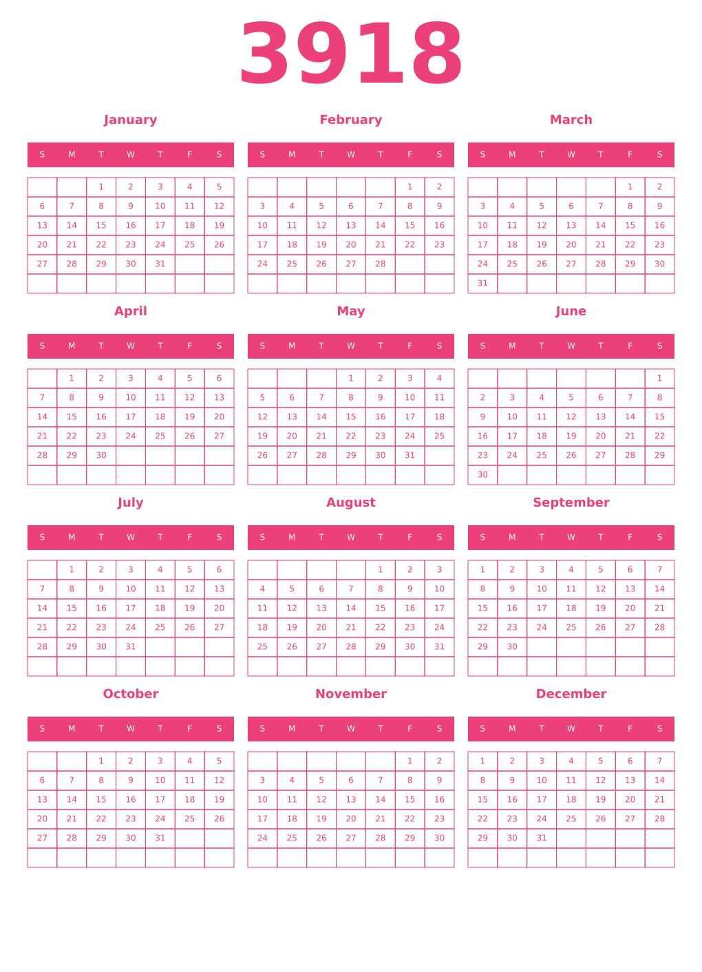 Printable 3918 Year Calendars pink