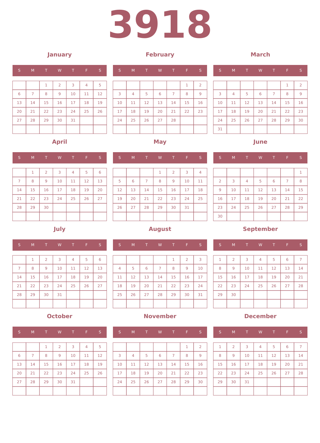 Printable 3918 Year Calendars puce