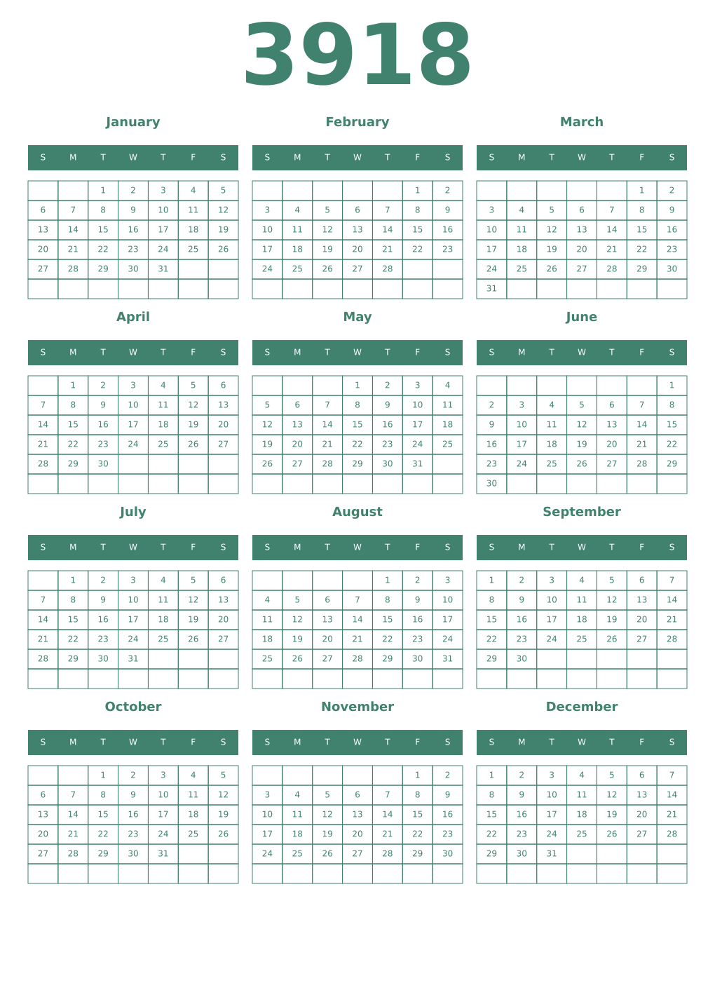 Printable 3918 Year Calendars viridian