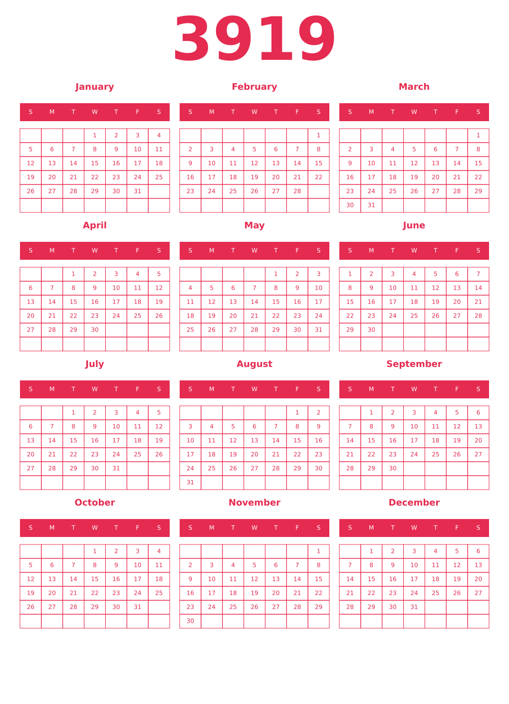 Printable 3919 Year Calendars amaranth