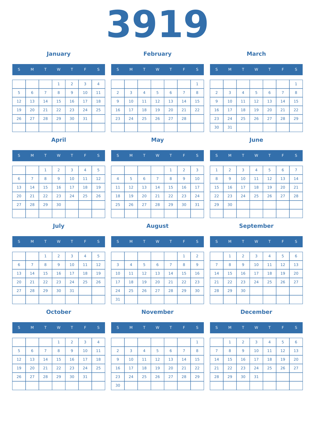 Printable 3919 Year Calendars blue