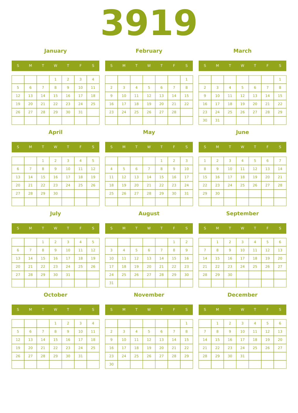 Printable 3919 Year Calendars chartreuse