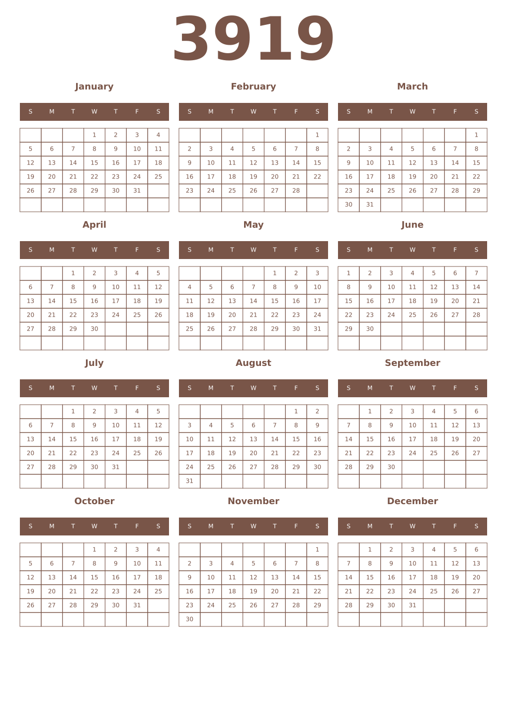 Printable 3919 Year Calendars coffe