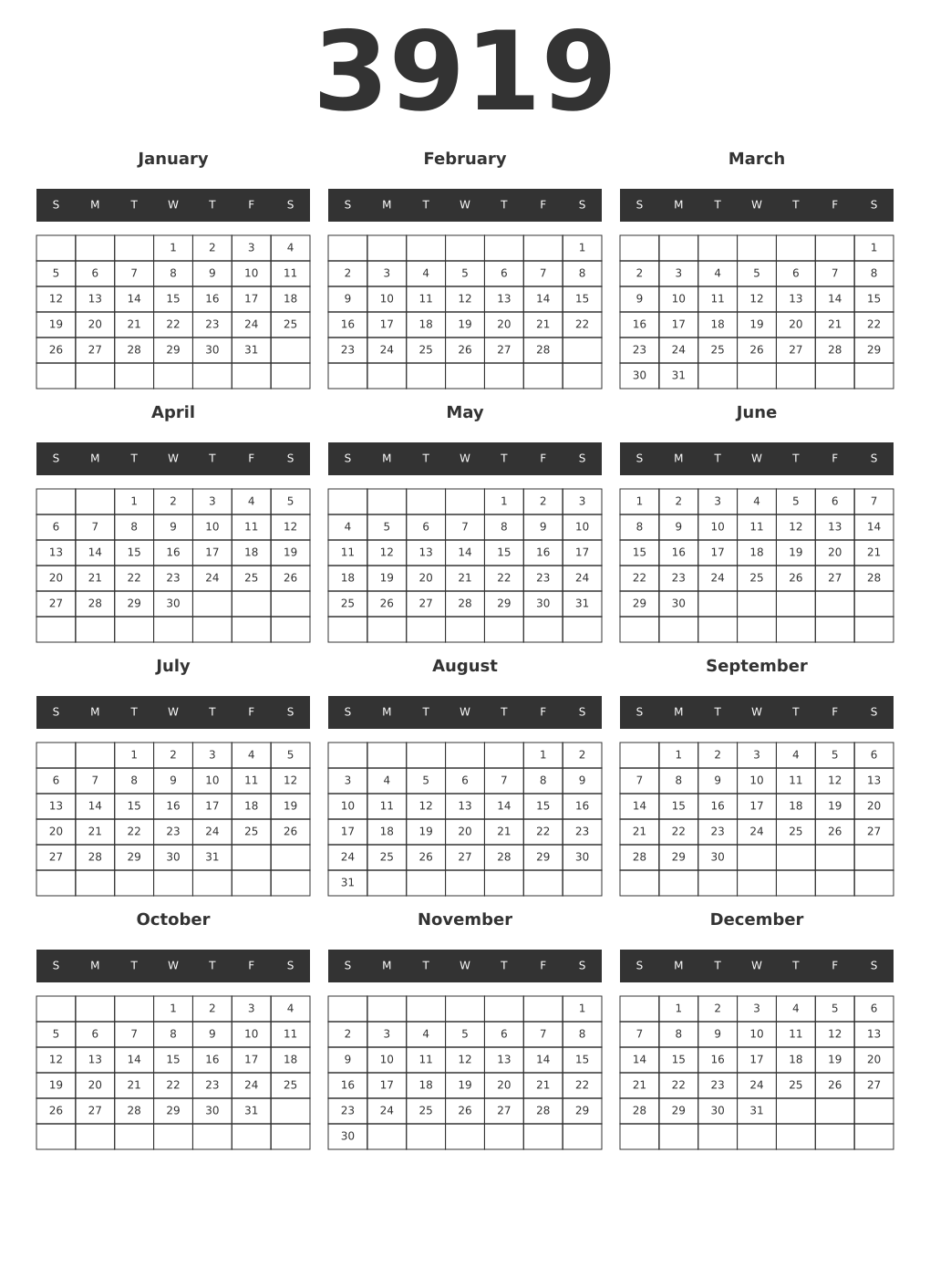 Printable 3919 Year Calendars dark