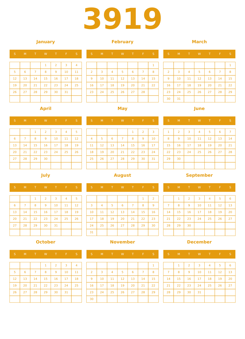 Printable 3919 Year Calendars gamboge
