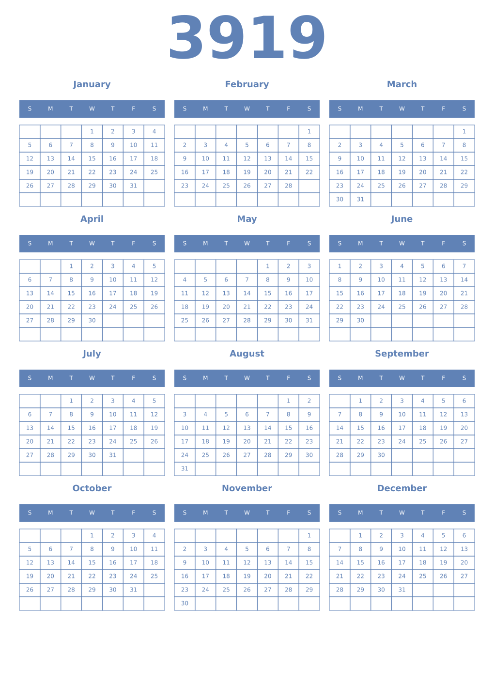 Printable 3919 Year Calendars glaucous