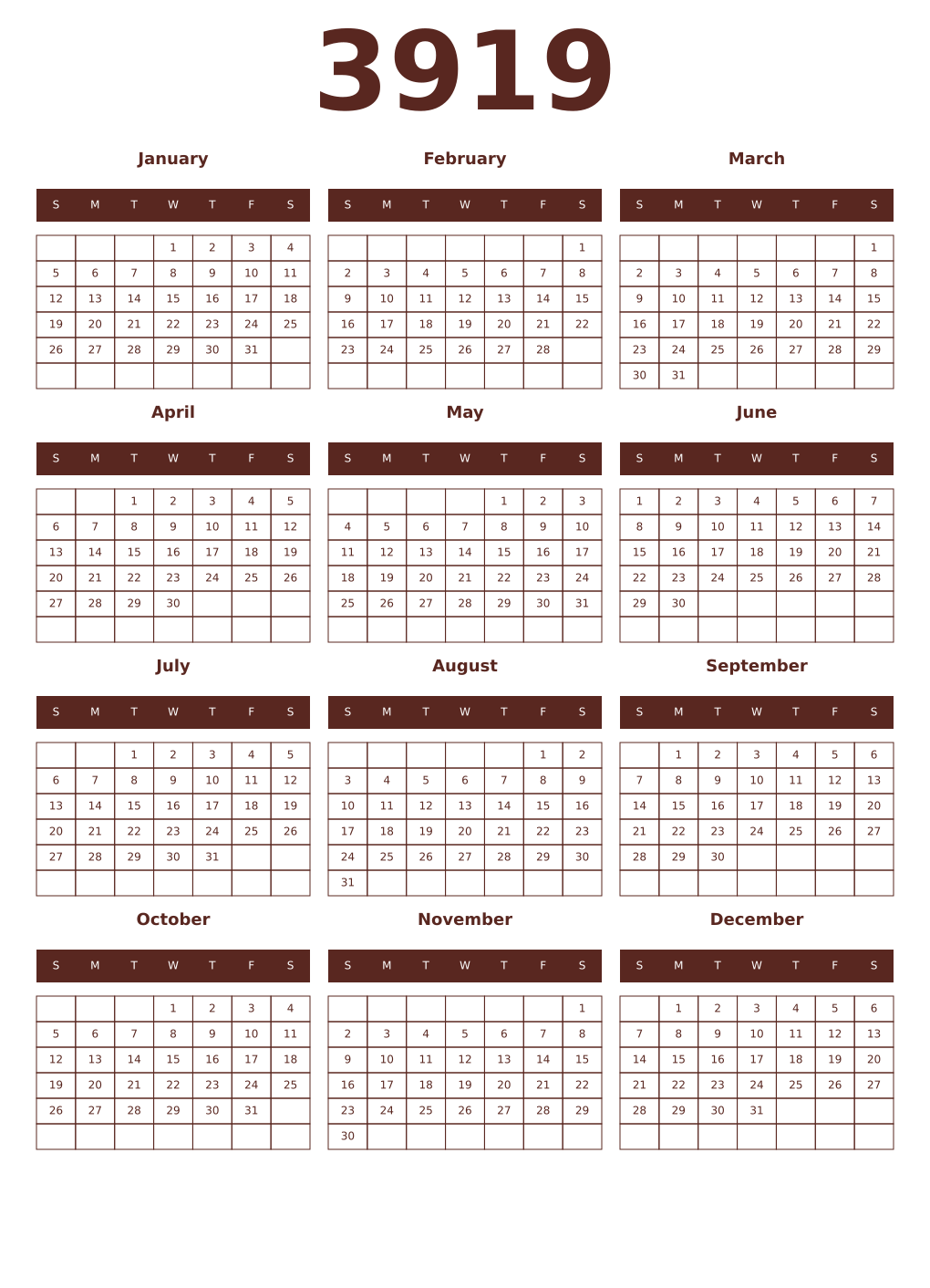 Printable 3919 Year Calendars mortuum