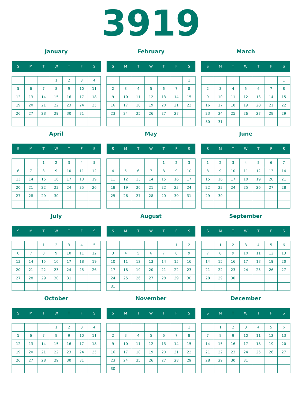 Printable 3919 Year Calendars pastel