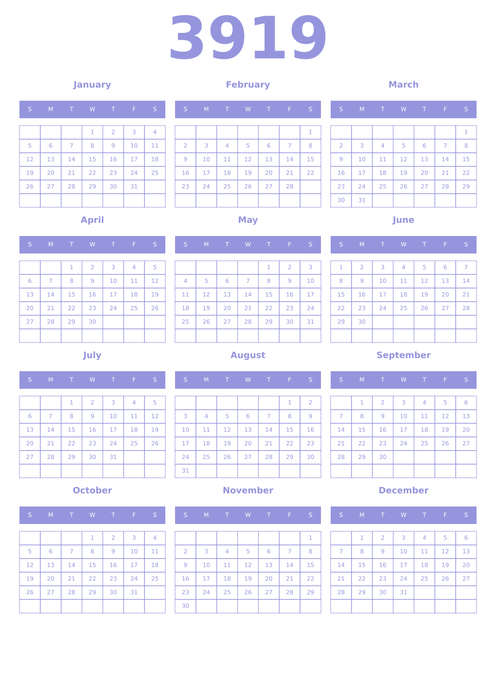 Printable 3919 Year Calendars periwinkle