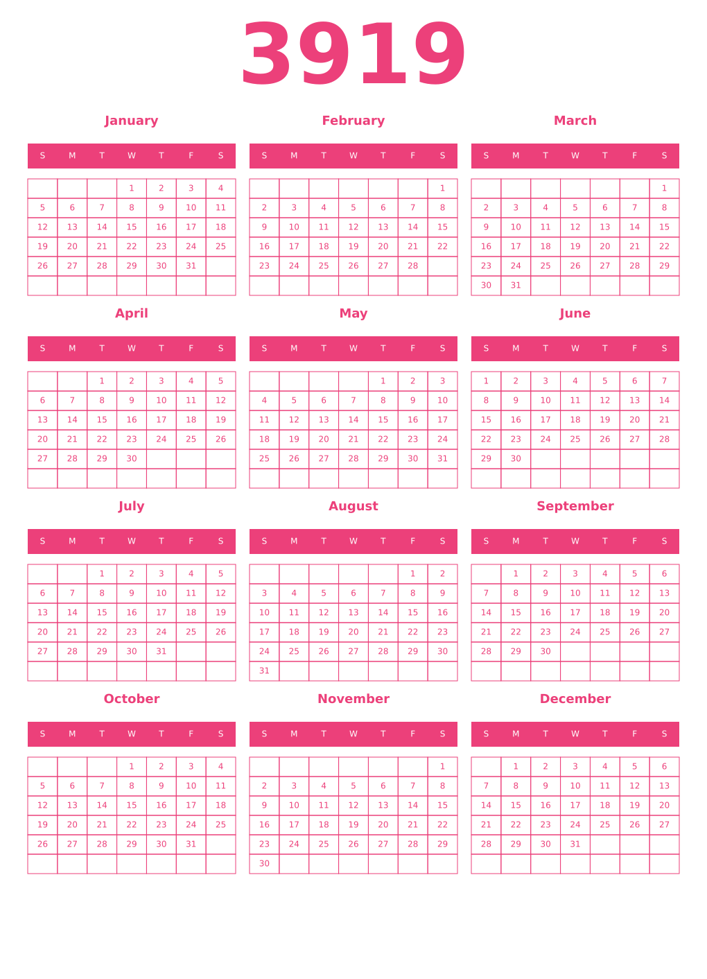 Printable 3919 Year Calendars pink