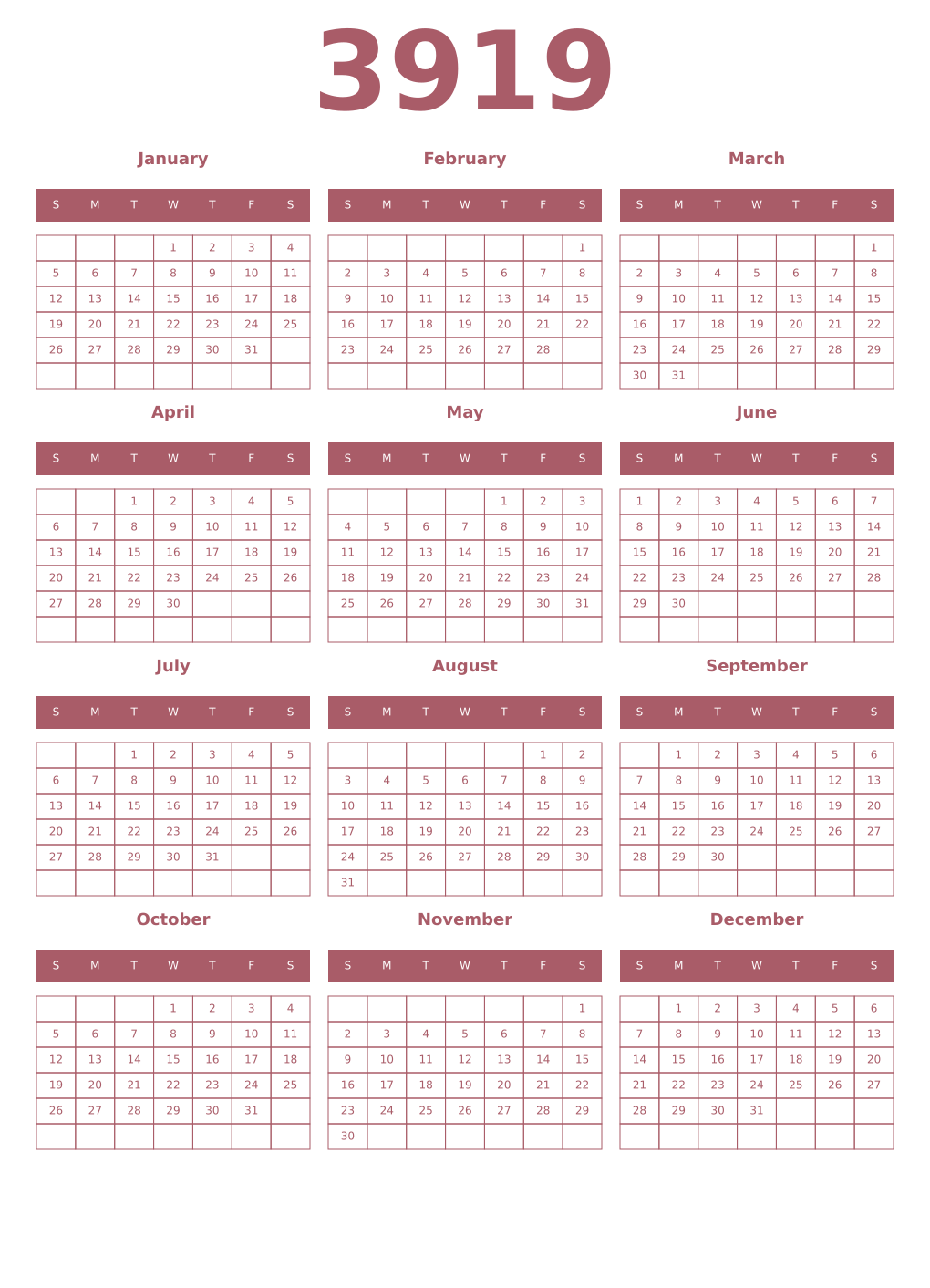 Printable 3919 Year Calendars puce