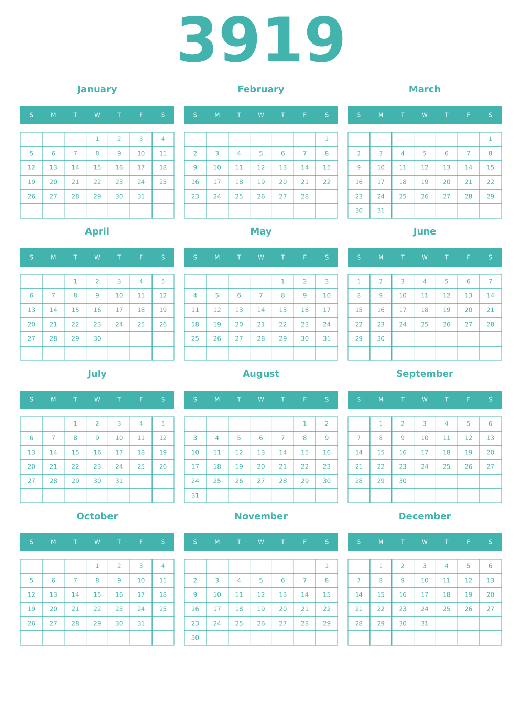 Printable 3919 Year Calendars verdigris