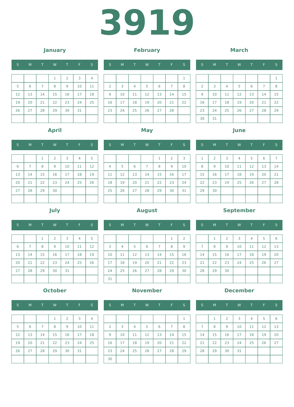 Printable 3919 Year Calendars viridian