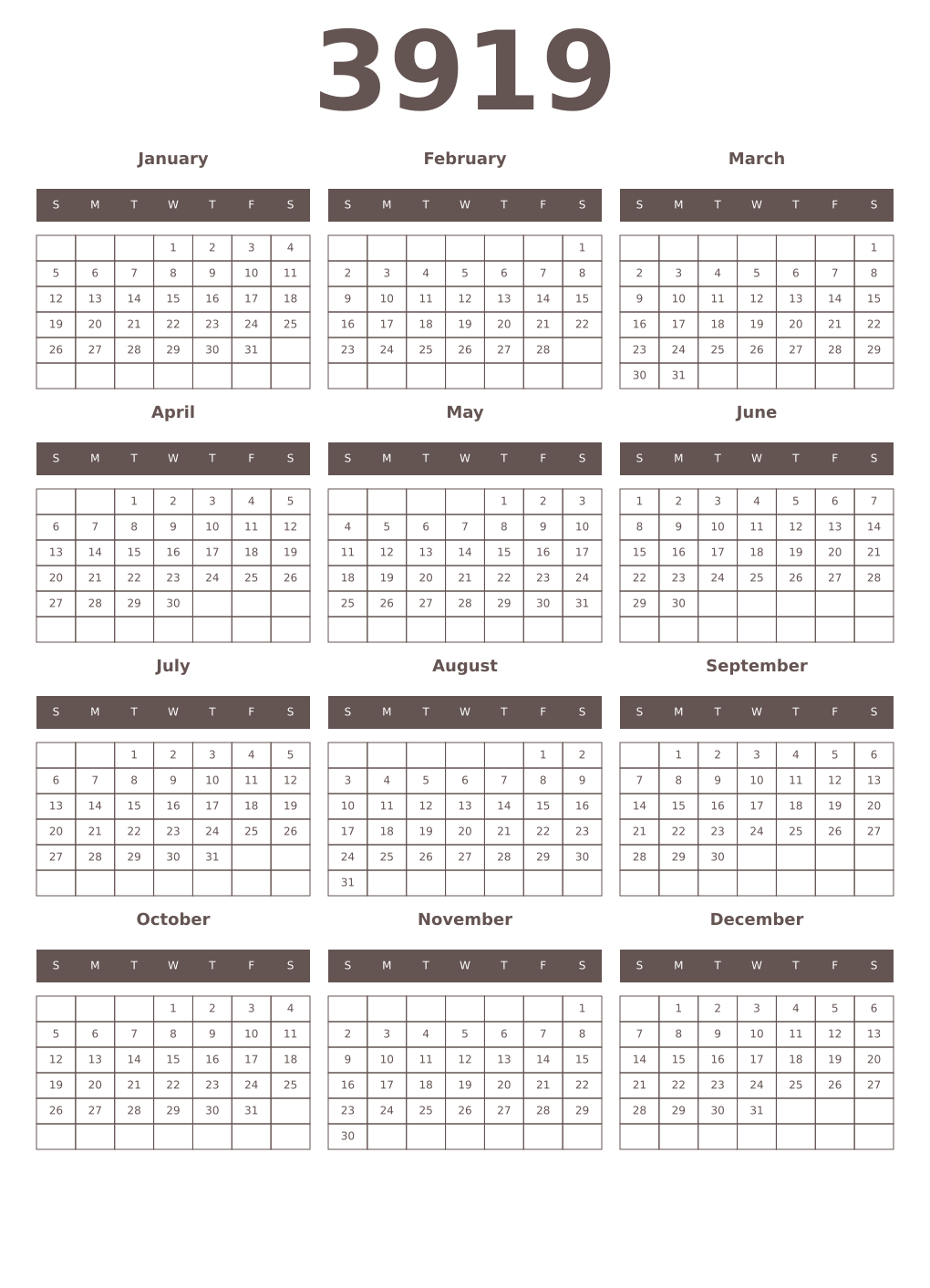 Printable 3919 Year Calendars wenge